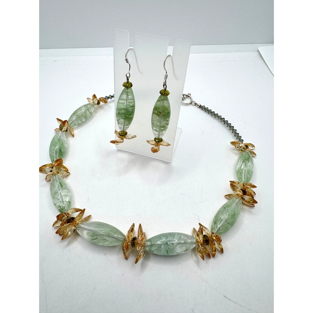 Green Amber Beaded Necklace and Earring Set Artisan Glass Crystal Jewelry